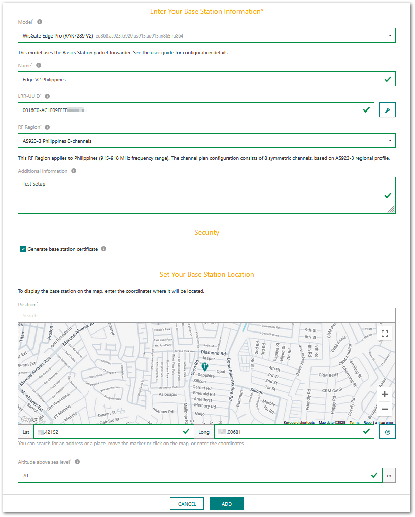 Set Base Station Location in Actility