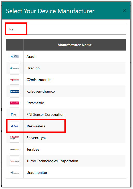Select RAKwireless as the device manufacturer
