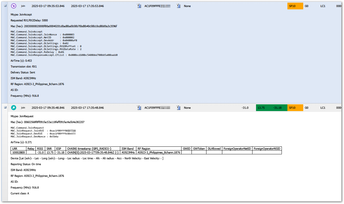 Actility Join request/accept information