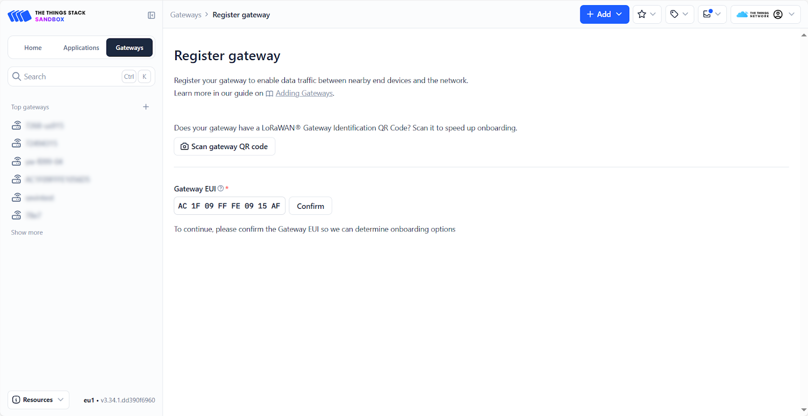 Enter Gateway EUI 