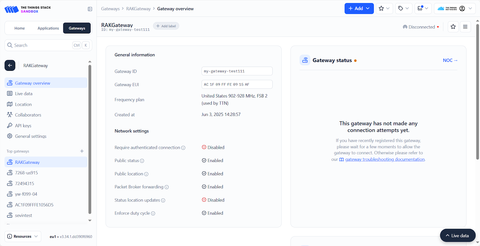 RAK gateway has been successfully registered to TTN v3