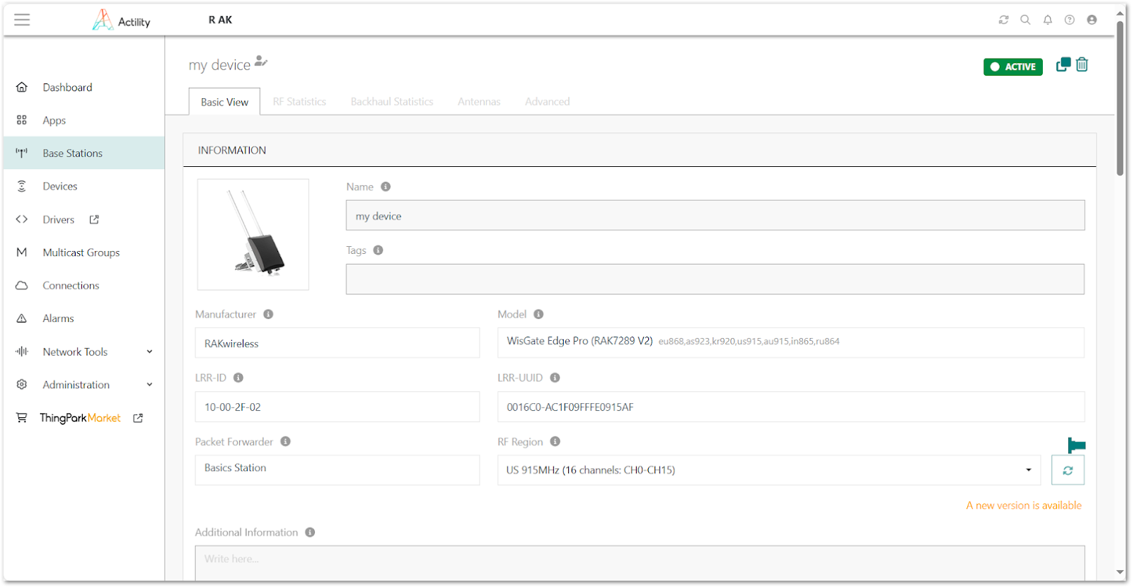 Actility Base Station Page