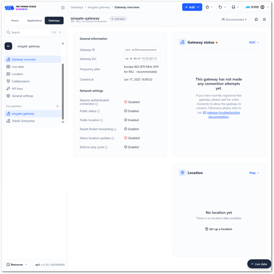 TTN V3 Gateway Overview Tab