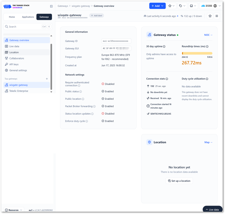 TTN V3 WisGate Gateway Connected