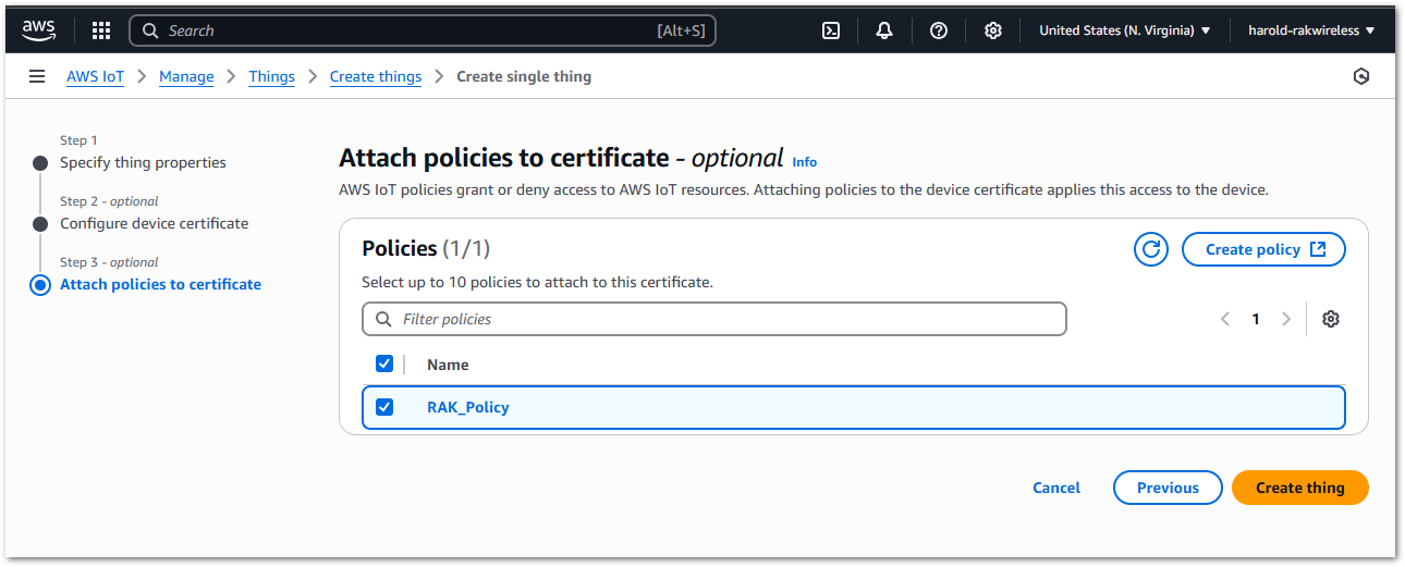 IoT Core RAK Policy Attached to the Certificate