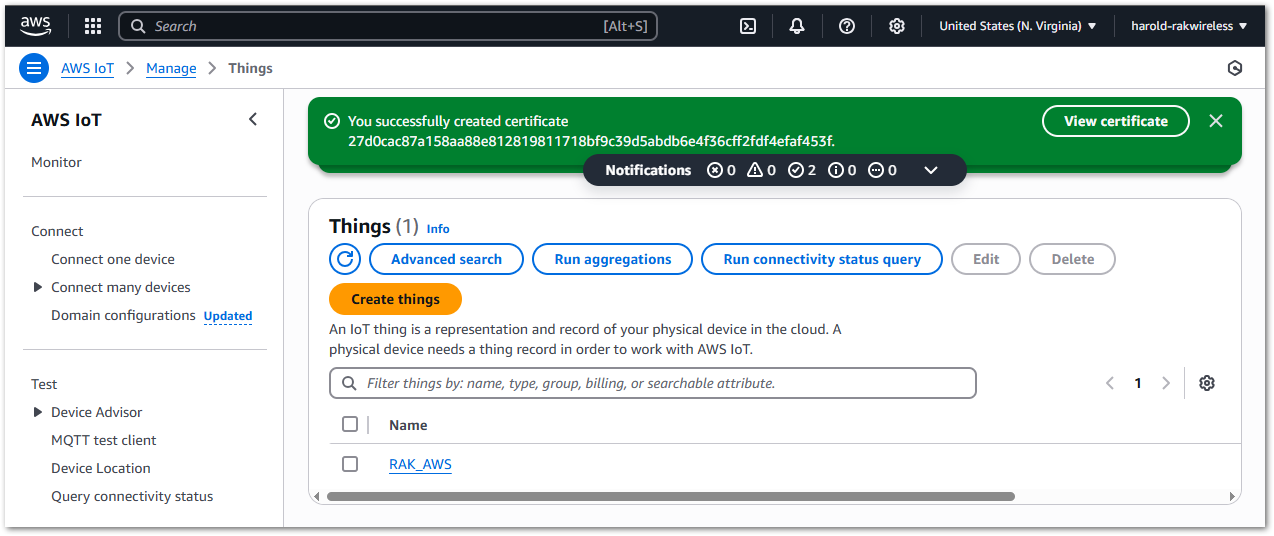 IoT Core Thing Created Successfully 
