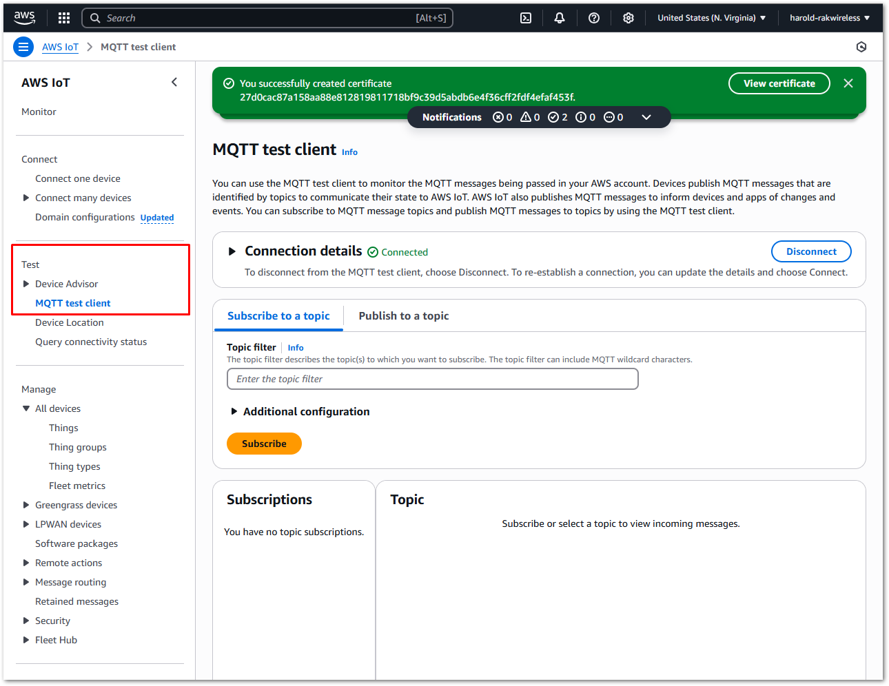 IoT Core MQTT Test Client Page