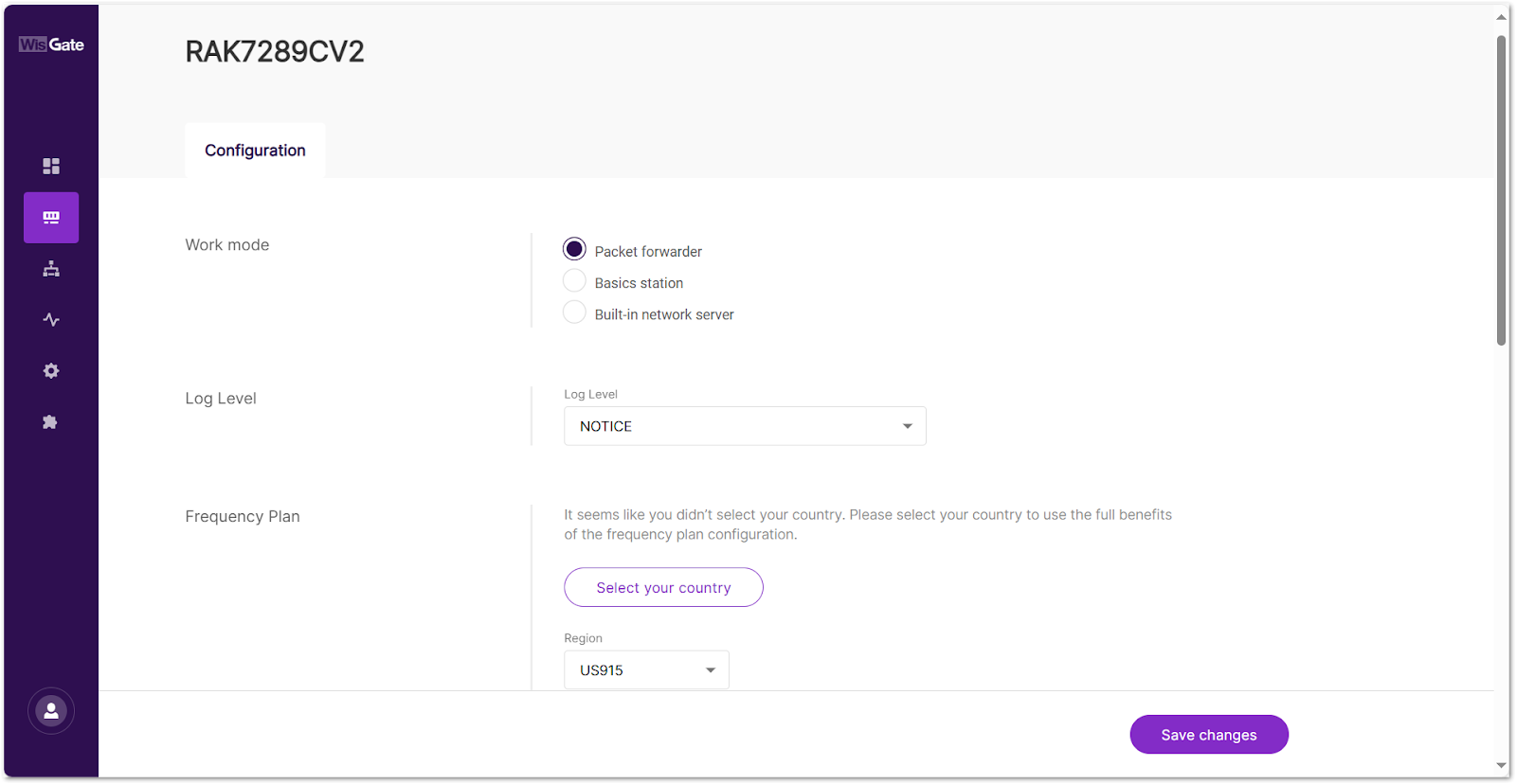 Select Packet forwarder in the Work Mode field