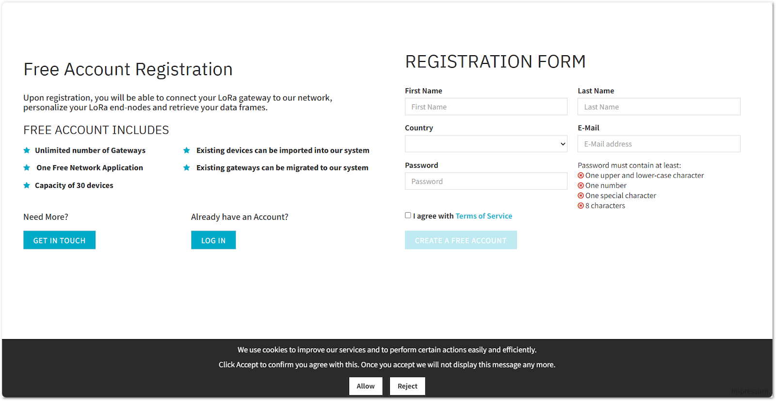 LORIOT Web UI Registration Page