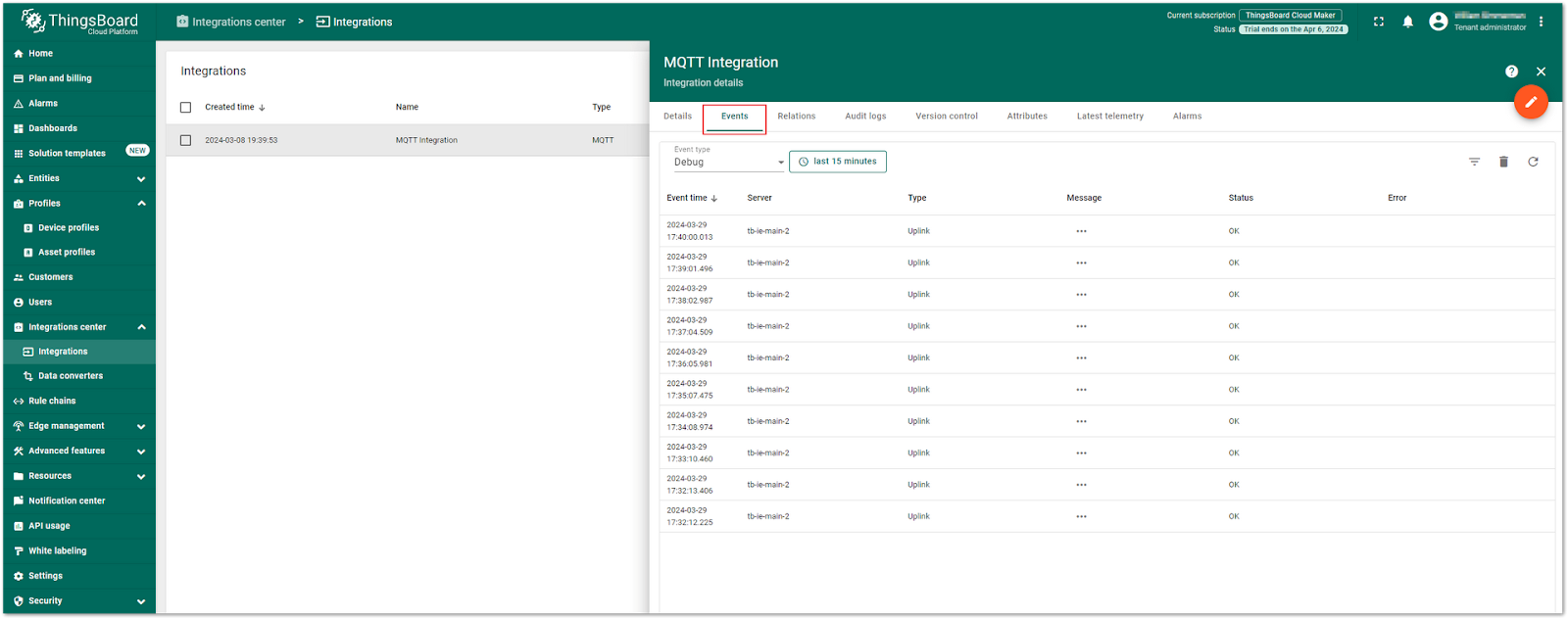 ThingsBoard Integrations Events