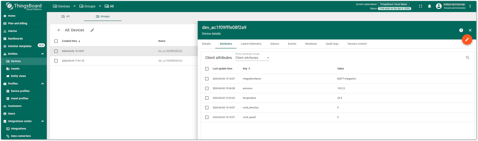 ThingsBoard Devices Attributes