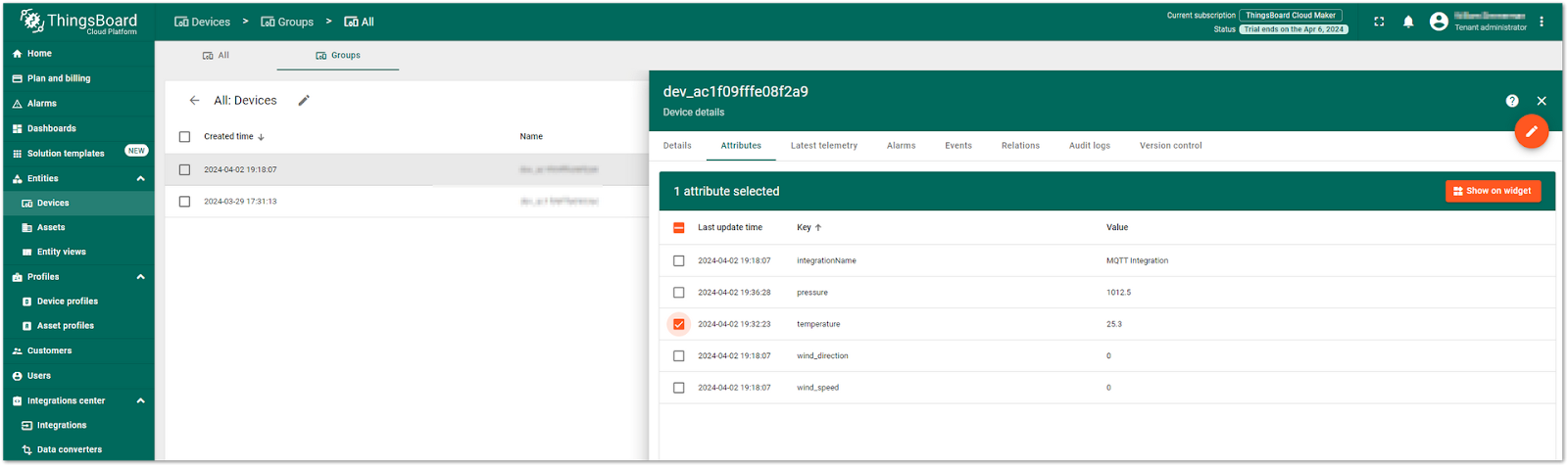 ThingsBoard Attributed Selected 