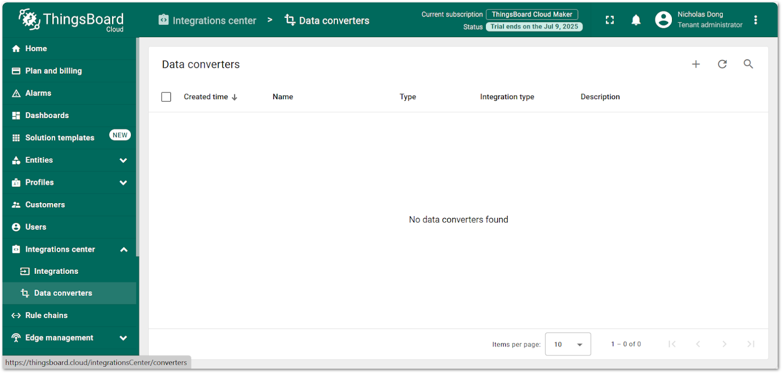 ThingsBoard Data converters page