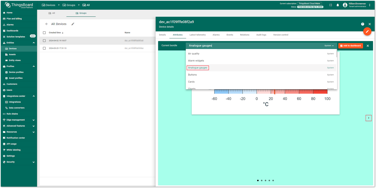 ThingsBoard Select Gauge for Attribute