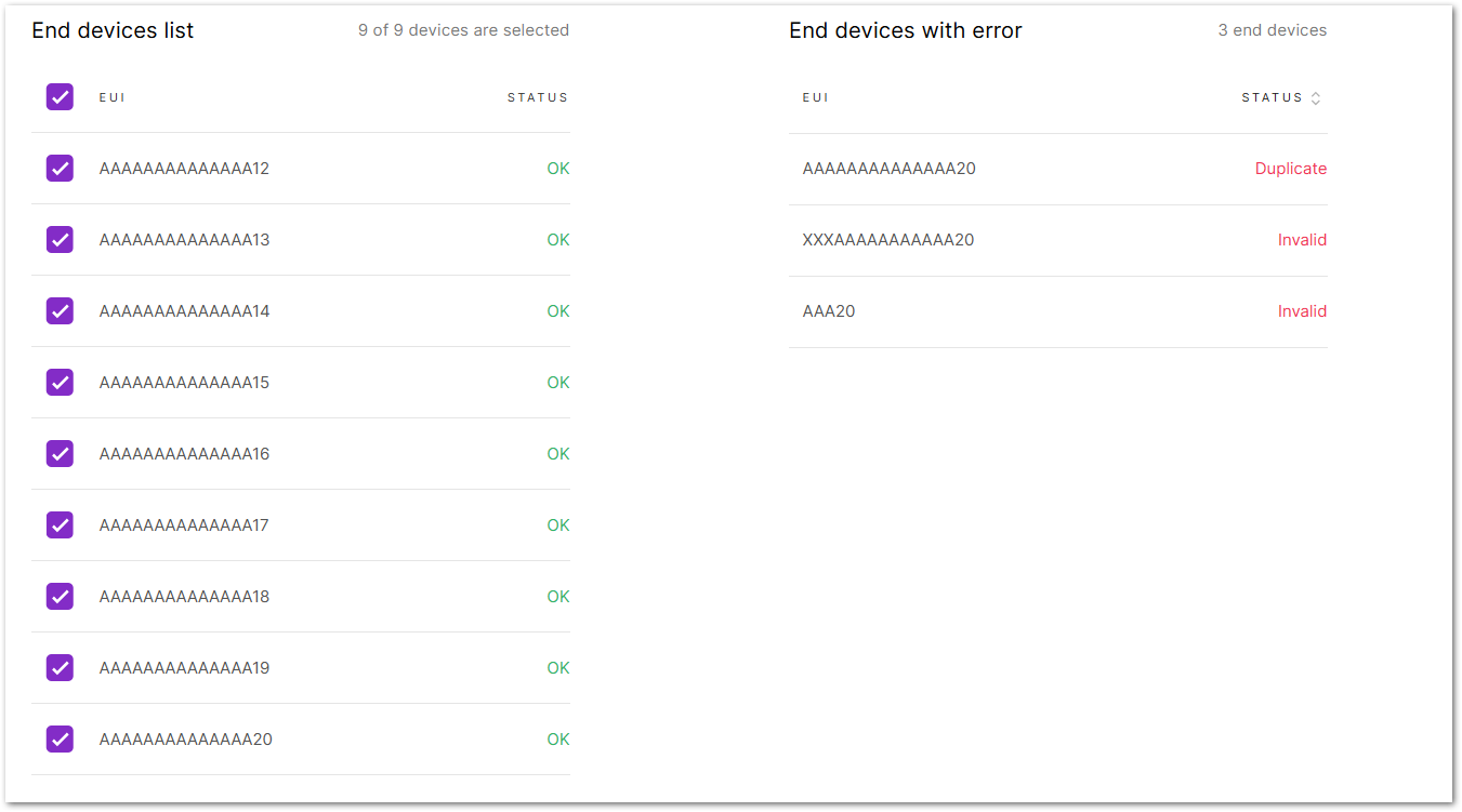 End devices list showing valid entries and errors