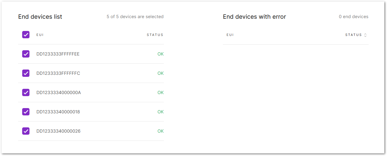 End devices list showing valid entries and errors