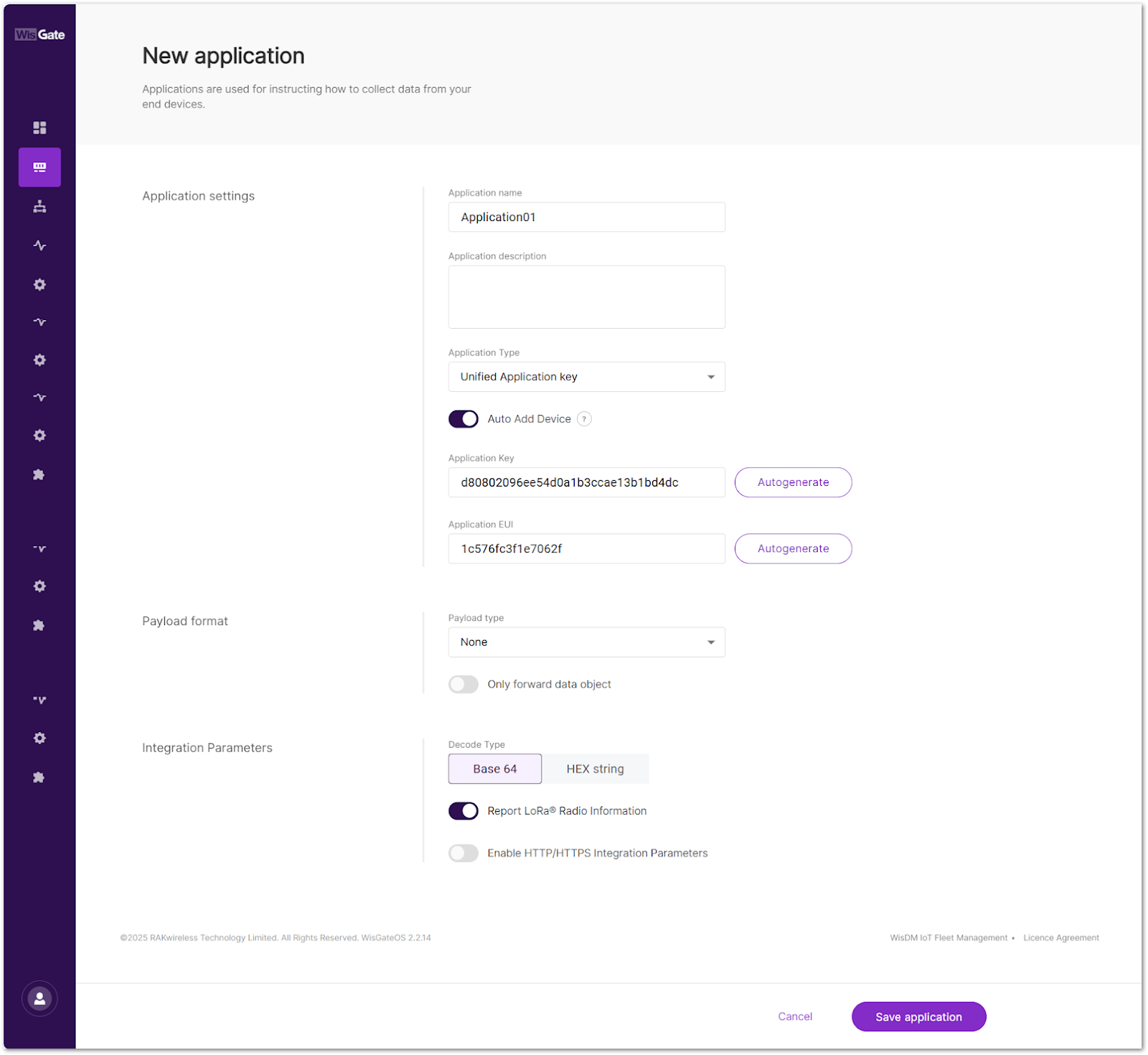 Application Parameters Fields on WIsGateOS 2
