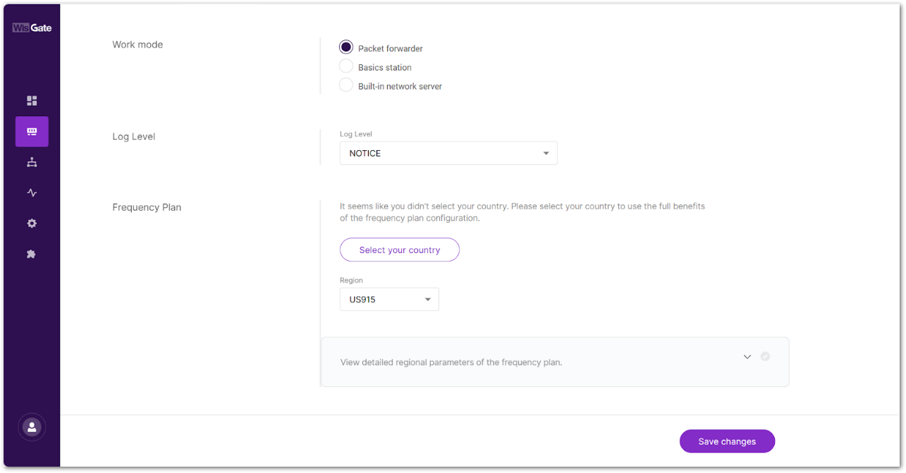 WisGateOS 2 Packet Forwarder Configuration Page