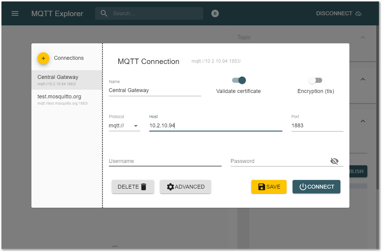 MQTT Explorer Central Gateway Parameters